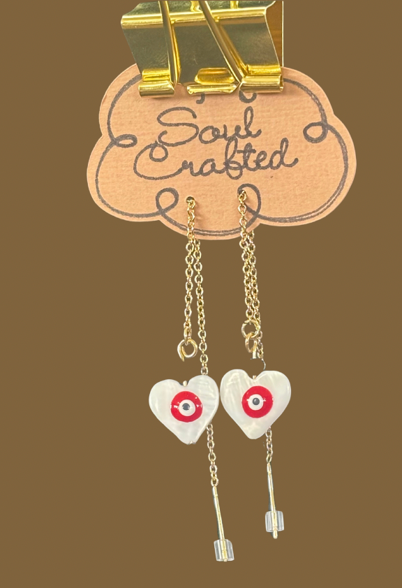Dangling Heart Evil Eye Earrings