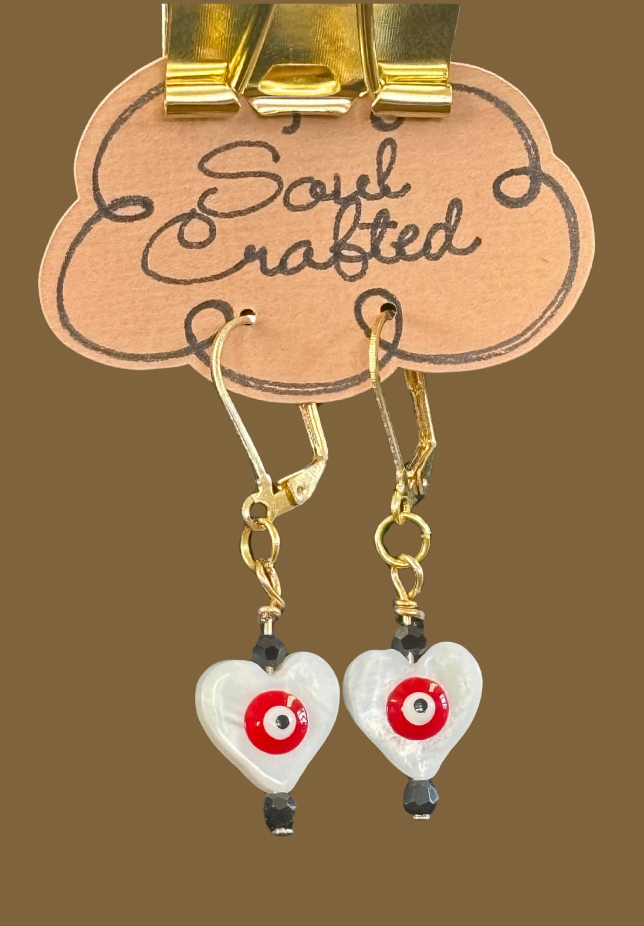 Heart Evil Eye Leverback Earrings with Black