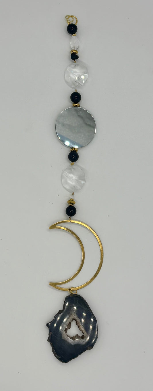 Black Obsidian & Druzy Agate Moon Suncatcher