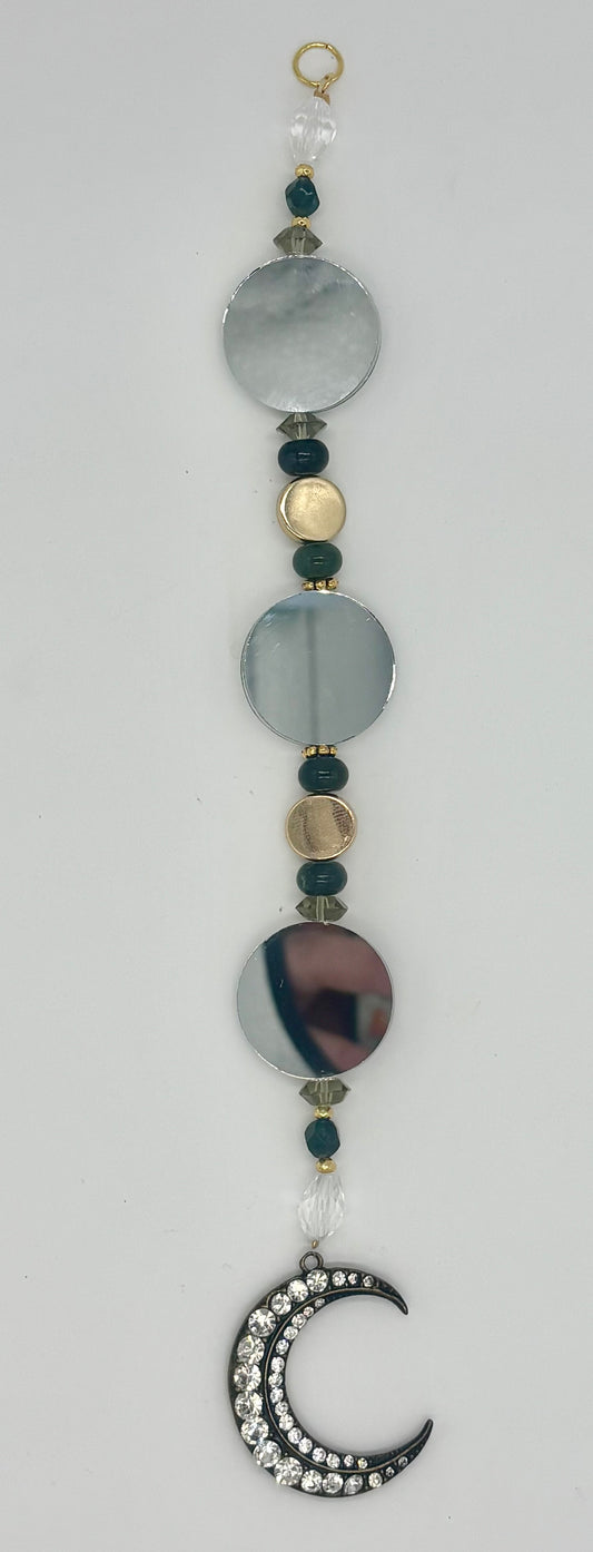 Moss Agate Moon Rhinestone Crescent Suncatcher