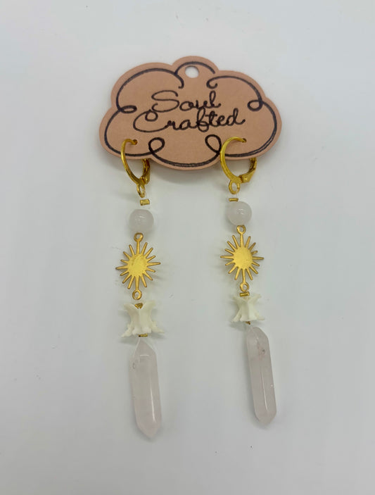 Rose Quartz & Rattlesnake Bone Huggie Earrings